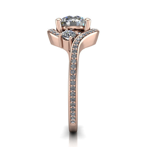 Sawyer round halo engagement ring in 14K Rose Gold with squared pavé halo and bypass pavé shank, side profile showing the bypass pavé shank