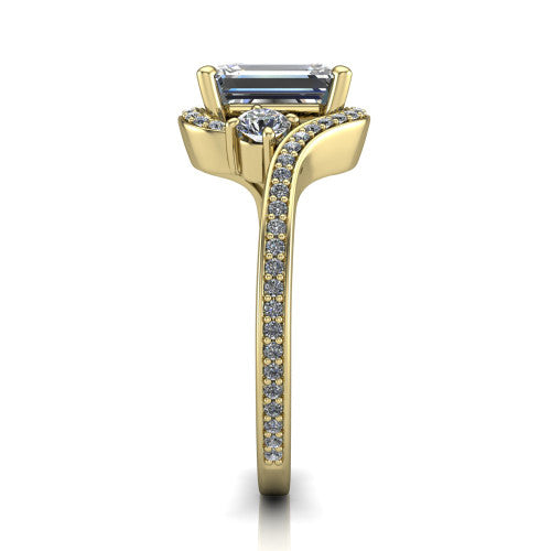 Sawyer emerald halo engagement ring in 14K Yellow Gold with squared pavé halo and bypass pavé shank, side profile showing the bypass pavé shank