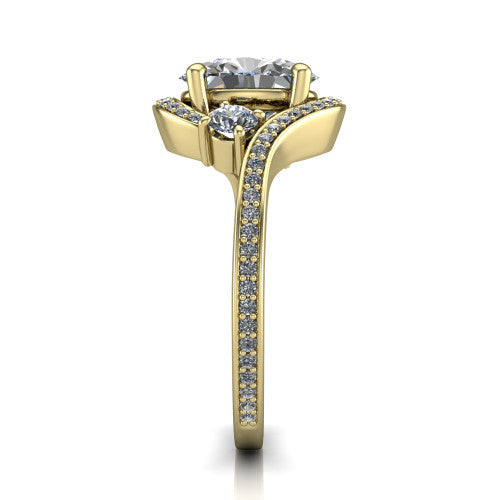 Sawyer oval halo engagement ring in 14K Yellow Gold with squared pavé halo and bypass pavé shank, side profile showing the bypass pavé shank