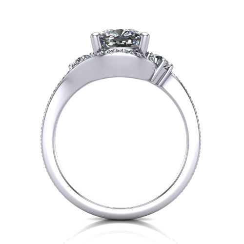 Sawyer cushion halo engagement ring in 18K White Gold with squared pavé halo and bypass pavé shank, through-finger front profile