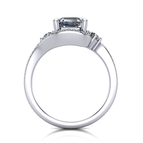 Sawyer asscher halo engagement ring in Platinum with squared pavé halo and bypass pavé shank, through-finger front profile