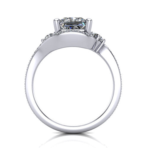 Sawyer princess halo engagement ring in 14K White Gold with squared pavé halo and bypass pavé shank, through-finger front profile