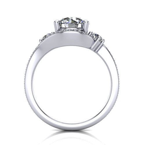 Sawyer round halo engagement ring in 14K White Gold with squared pavé halo and bypass pavé shank, through-finger front profile