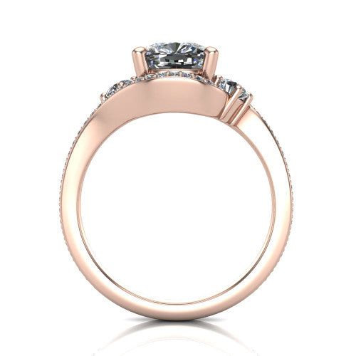 Sawyer cushion halo engagement ring in 14K Rose Gold with squared pavé halo and bypass pavé shank, through-finger front profile