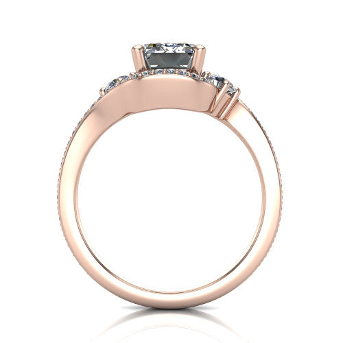 Sawyer emerald halo engagement ring in 18K Rose Gold with squared pavé halo and bypass pavé shank, through-finger front profile