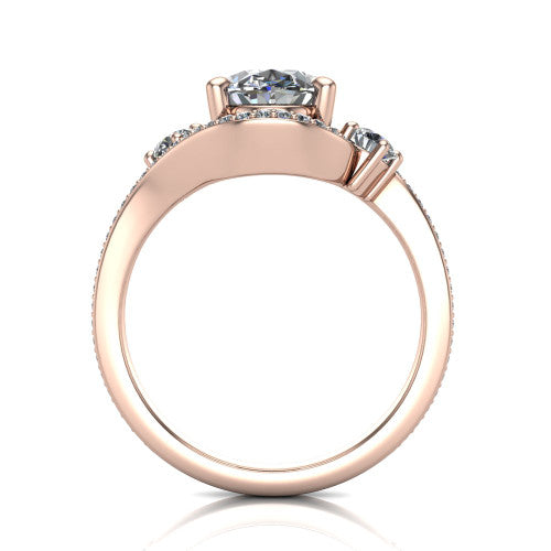 Sawyer oval halo engagement ring in 18K Rose Gold with squared pavé halo and bypass pavé shank, through-finger front profile