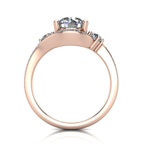 Sawyer round halo engagement ring in 18K Rose Gold with squared pavé halo and bypass pavé shank, through-finger front profile