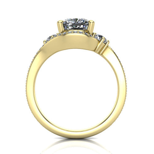 Sawyer cushion halo engagement ring in 18K Yellow Gold with squared pavé halo and bypass pavé shank, through-finger front profile