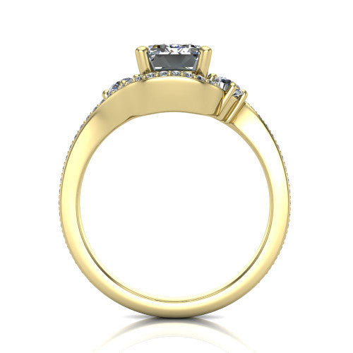 Sawyer emerald halo engagement ring in 18K Yellow Gold with squared pavé halo and bypass pavé shank, through-finger front profile