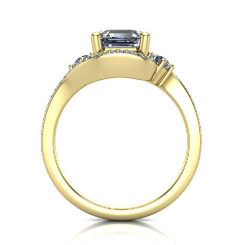 Sawyer asscher halo engagement ring in 18K Yellow Gold with squared pavé halo and bypass pavé shank, through-finger front profile