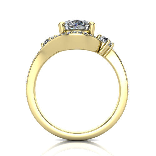 Sawyer oval halo engagement ring in 14K Yellow Gold with squared pavé halo and bypass pavé shank, through-finger front profile