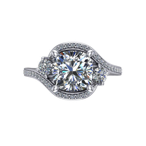 Sawyer cushion halo engagement ring in Platinum with squared pavé halo and bypass pavé shank, top-down view of the squared halo and round side accents