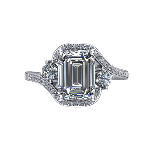 Sawyer emerald halo engagement ring in 18K White Gold with squared pavé halo and bypass pavé shank, top-down view of the squared halo and round side accents