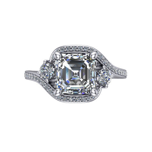 Sawyer asscher halo engagement ring in Platinum with squared pavé halo and bypass pavé shank, top-down view of the squared halo and round side accents