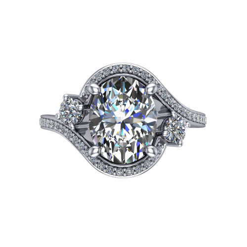 Sawyer oval halo engagement ring in 14K White Gold with squared pavé halo and bypass pavé shank, top-down view of the squared halo and round side accents