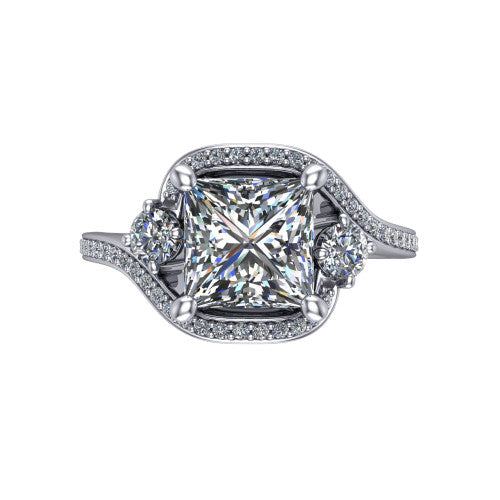 Sawyer princess halo engagement ring in 14K White Gold with squared pavé halo and bypass pavé shank, top-down view of the squared halo and round side accents