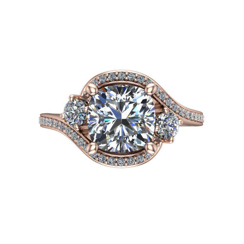 Sawyer cushion halo engagement ring in 14K Rose Gold with squared pavé halo and bypass pavé shank, top-down view of the squared halo and round side accents