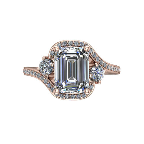 Sawyer emerald halo engagement ring in 14K Rose Gold with squared pavé halo and bypass pavé shank, top-down view of the squared halo and round side accents