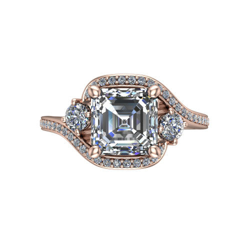 Sawyer asscher halo engagement ring in 18K Rose Gold with squared pavé halo and bypass pavé shank, top-down view of the squared halo and round side accents