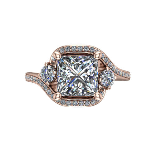 Sawyer princess halo engagement ring in 14K Rose Gold with squared pavé halo and bypass pavé shank, top-down view of the squared halo and round side accents