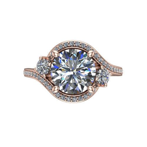 Sawyer round halo engagement ring in 18K Rose Gold with squared pavé halo and bypass pavé shank, top-down view of the squared halo and round side accents