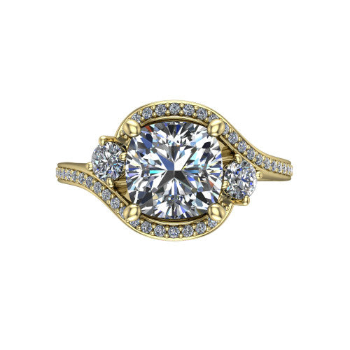 Sawyer cushion halo engagement ring in 14K Yellow Gold with squared pavé halo and bypass pavé shank, top-down view of the squared halo and round side accents