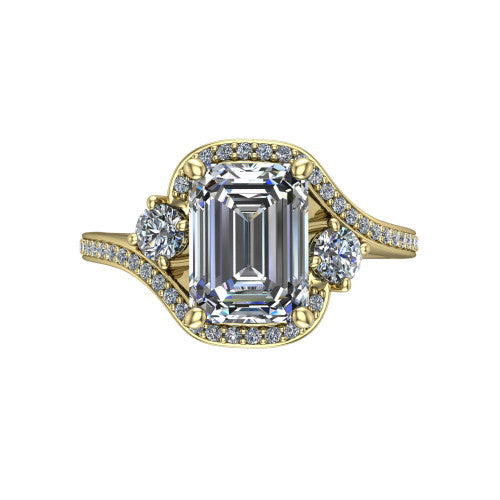 Sawyer emerald halo engagement ring in 18K Yellow Gold with squared pavé halo and bypass pavé shank, top-down view of the squared halo and round side accents