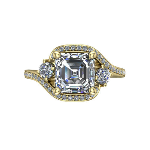 Sawyer asscher halo engagement ring in 18K Yellow Gold with squared pavé halo and bypass pavé shank, top-down view of the squared halo and round side accents