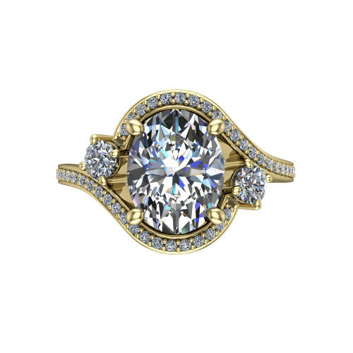 Sawyer oval halo engagement ring in 14K Yellow Gold with squared pavé halo and bypass pavé shank, top-down view of the squared halo and round side accents