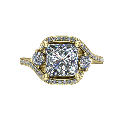 Sawyer princess halo engagement ring in 14K Yellow Gold with squared pavé halo and bypass pavé shank, top-down view of the squared halo and round side accents