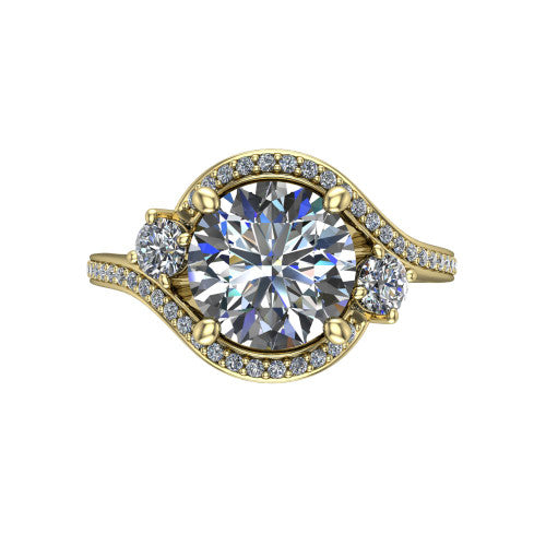 Sawyer round halo engagement ring in 14K Yellow Gold with squared pavé halo and bypass pavé shank, top-down view of the squared halo and round side accents
