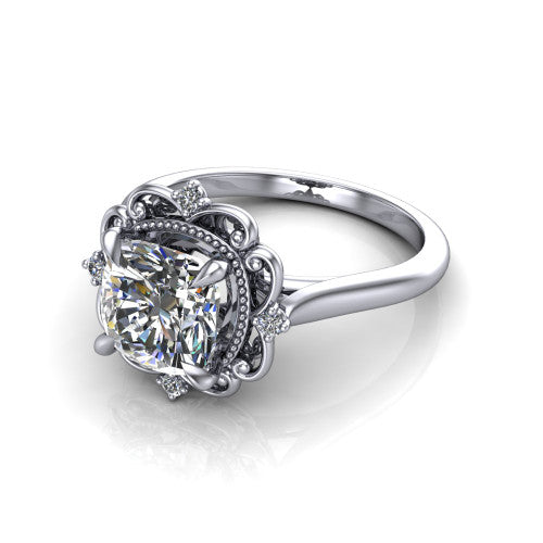 Gracelynn cushion floral halo engagement ring in 14K White Gold with ornate filigree halo and plain band, three-quarter perspective view