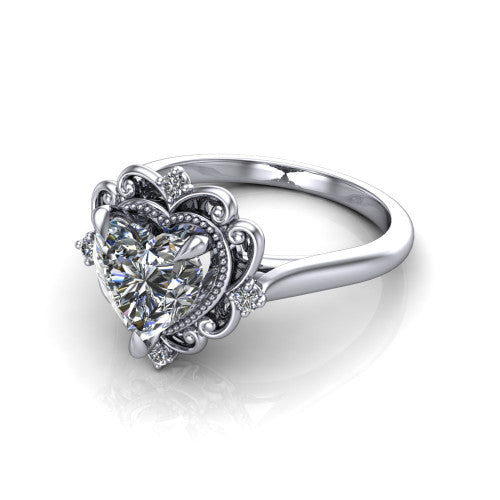 Gracelynn heart floral halo engagement ring in Platinum with ornate filigree halo and plain band, three-quarter perspective view