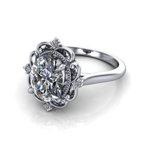 Gracelynn oval floral halo engagement ring in 18K White Gold with ornate filigree halo and plain band, three-quarter perspective view