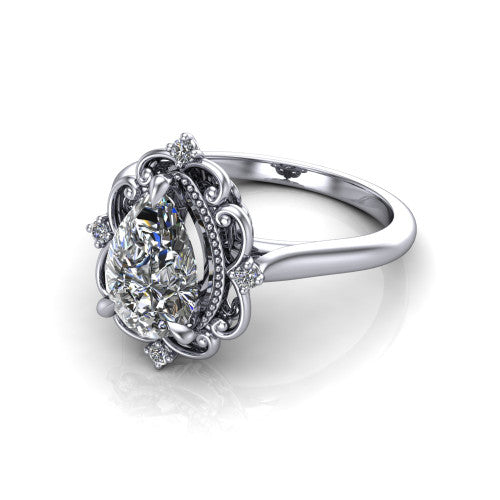 Gracelynn pear floral halo engagement ring in 14K White Gold with ornate filigree halo and plain band, three-quarter perspective view
