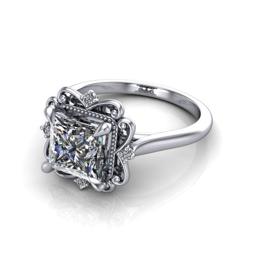 Gracelynn princess floral halo engagement ring in 14K White Gold with ornate filigree halo and plain band, three-quarter perspective view