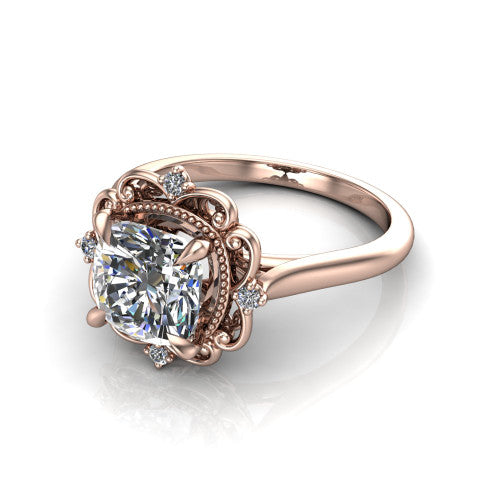 Gracelynn cushion floral halo engagement ring in 14K Rose Gold with ornate filigree halo and plain band, three-quarter perspective view