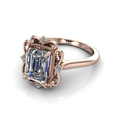 Gracelynn emerald floral halo engagement ring in 14K Rose Gold with ornate filigree halo and plain band, three-quarter perspective view