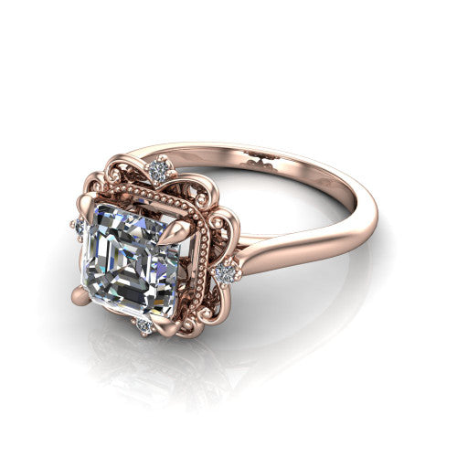 Gracelynn asscher floral halo engagement ring in 14K Rose Gold with ornate filigree halo and plain band, three-quarter perspective view