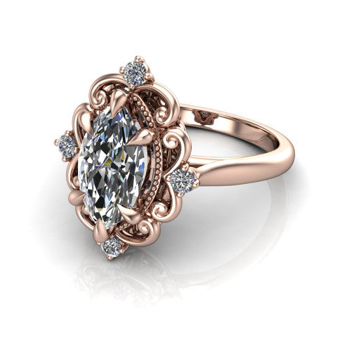 Gracelynn marquise floral halo engagement ring in 14K Rose Gold with ornate filigree halo and plain band, three-quarter perspective view