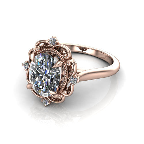 Gracelynn oval floral halo engagement ring in 14K Rose Gold with ornate filigree halo and plain band, three-quarter perspective view