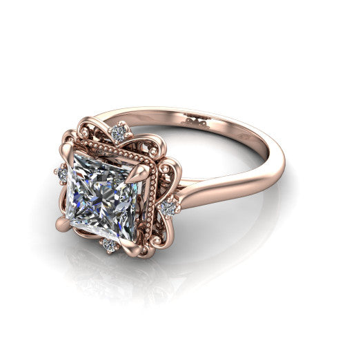 Gracelynn princess floral halo engagement ring in 14K Rose Gold with ornate filigree halo and plain band, three-quarter perspective view