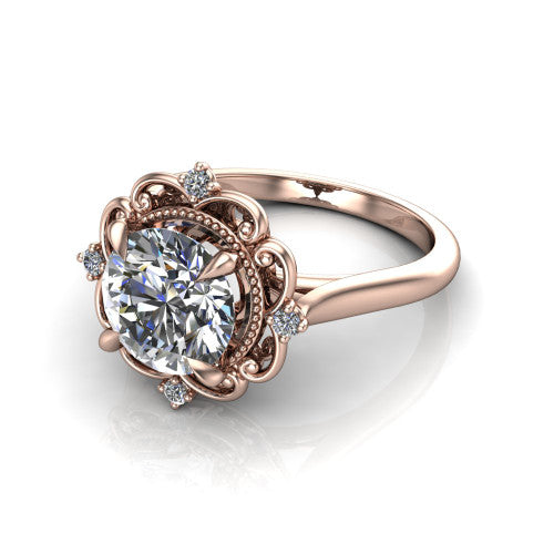 Gracelynn round floral halo engagement ring in 18K Rose Gold with ornate filigree halo and plain band, three-quarter perspective view