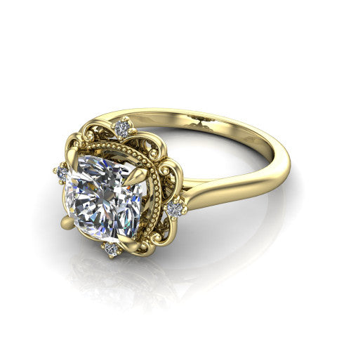 Gracelynn cushion floral halo engagement ring in 18K Yellow Gold with ornate filigree halo and plain band, three-quarter perspective view