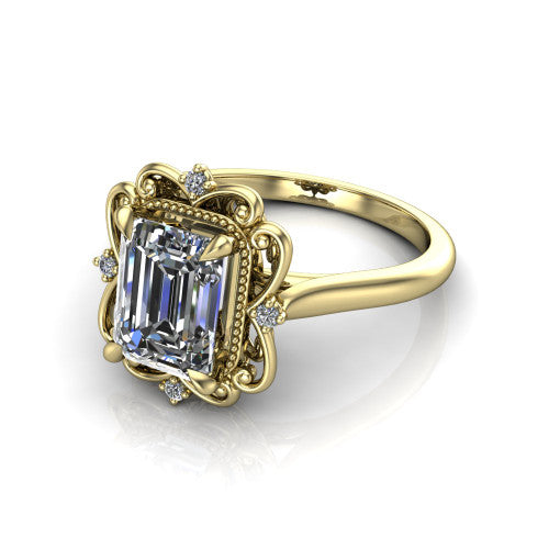 Gracelynn emerald floral halo engagement ring in 18K Yellow Gold with ornate filigree halo and plain band, three-quarter perspective view