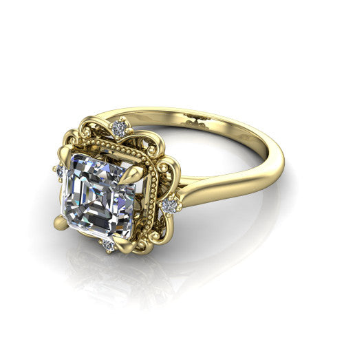 Gracelynn asscher floral halo engagement ring in 14K Yellow Gold with ornate filigree halo and plain band, three-quarter perspective view
