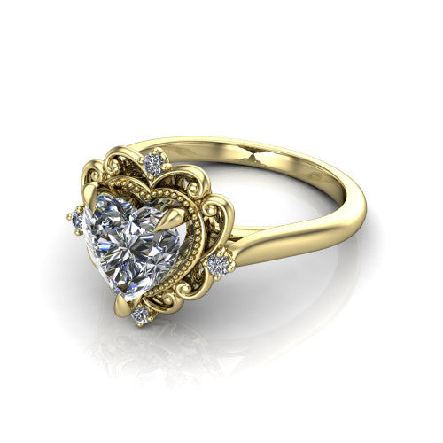 Gracelynn heart floral halo engagement ring in 18K Yellow Gold with ornate filigree halo and plain band, three-quarter perspective view