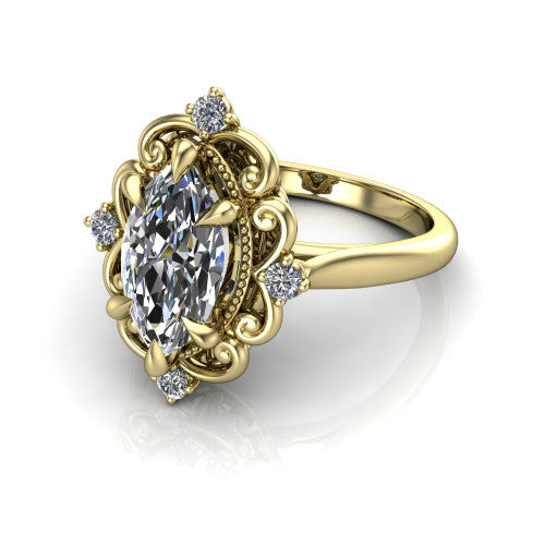 Gracelynn marquise floral halo engagement ring in 14K Yellow Gold with ornate filigree halo and plain band, three-quarter perspective view