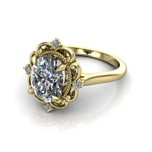 Gracelynn oval floral halo engagement ring in 14K Yellow Gold with ornate filigree halo and plain band, three-quarter perspective view