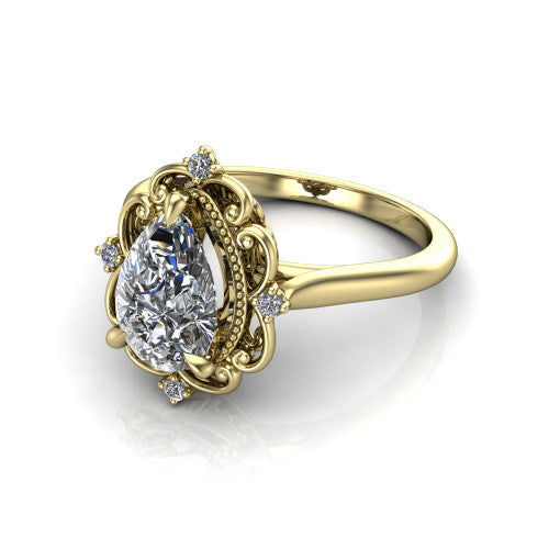 Gracelynn pear floral halo engagement ring in 18K Yellow Gold with ornate filigree halo and plain band, three-quarter perspective view